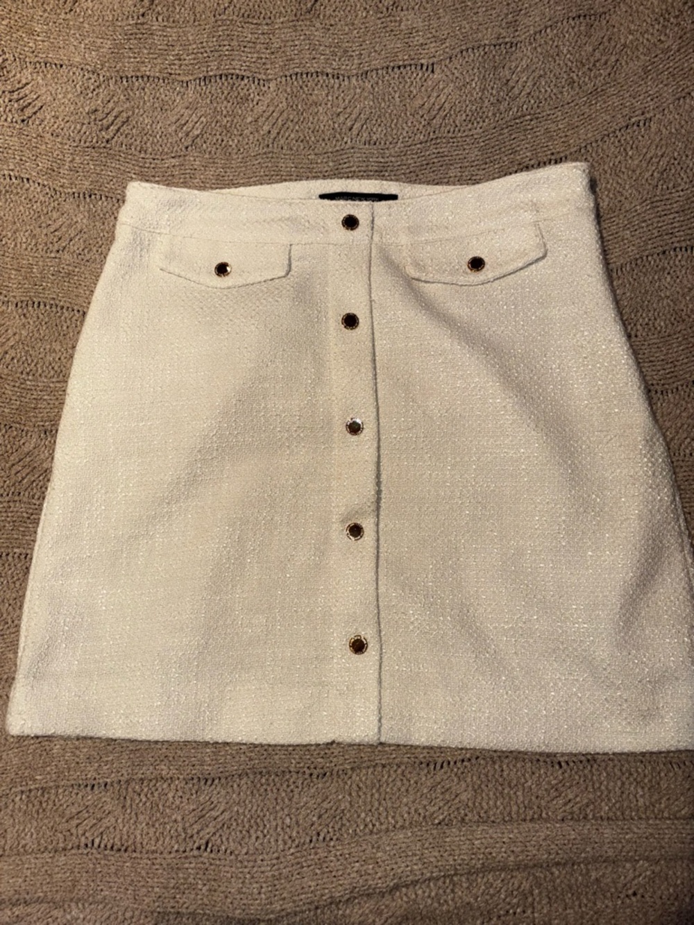 Marc New York Andrew Marc Cream Button-Front Boucle Mini Skirt with Gold Buttons